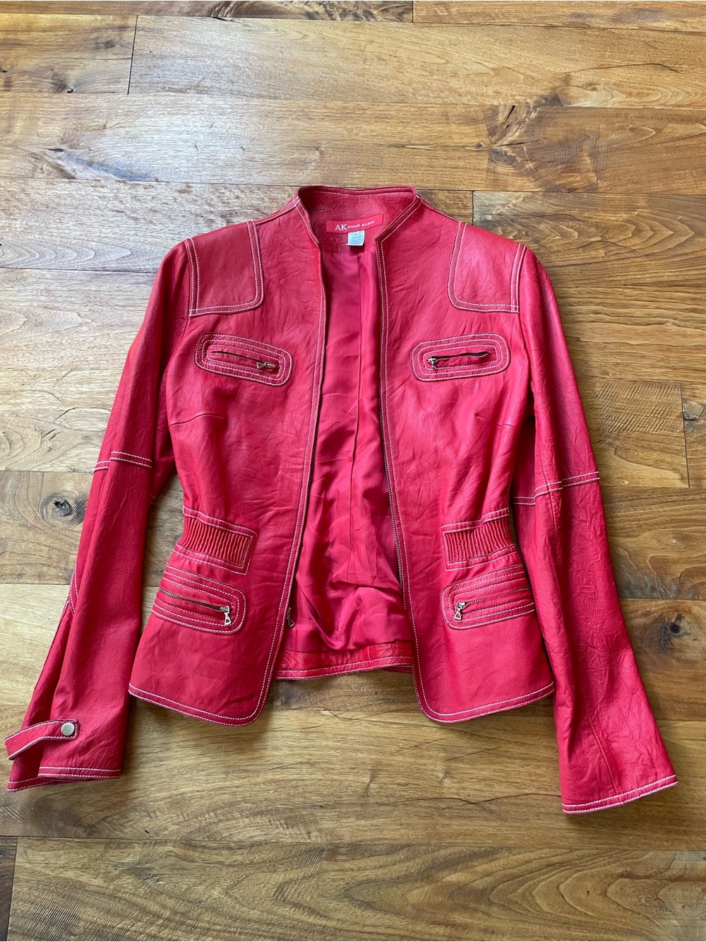 Anne Klein Red Zip-Front Genuine Leather Hour Glass Peplum Jacket size S - Picture 5 of 12
